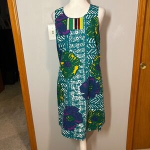 Vanessa Virginia Anthropologie Teal Green Floral Dress Sleeveless funky‎ US 6